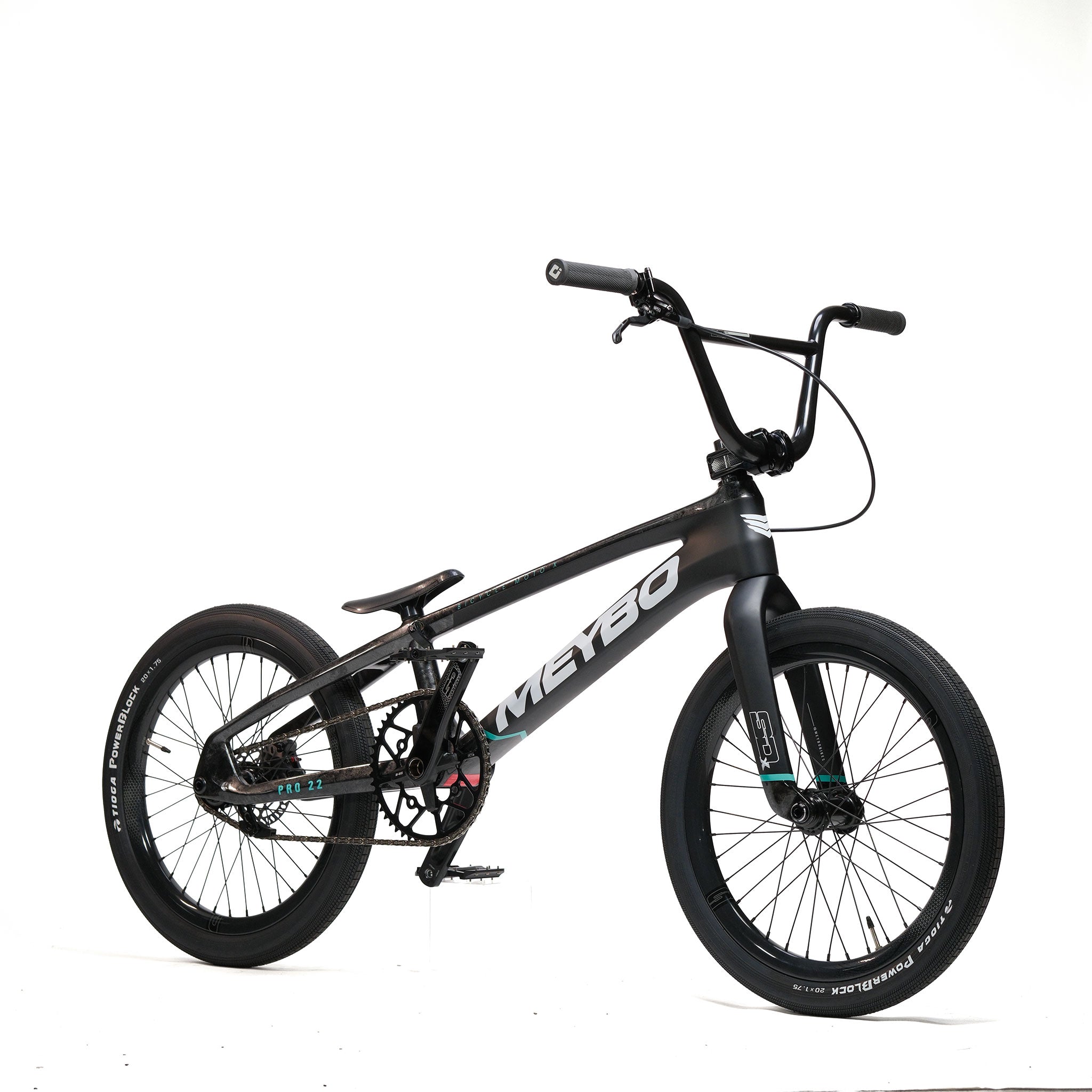 A matte black BMX bike with a compact frame, wide handlebars, thick tires, and the word "MEYBO" on the side, shown on a white background.