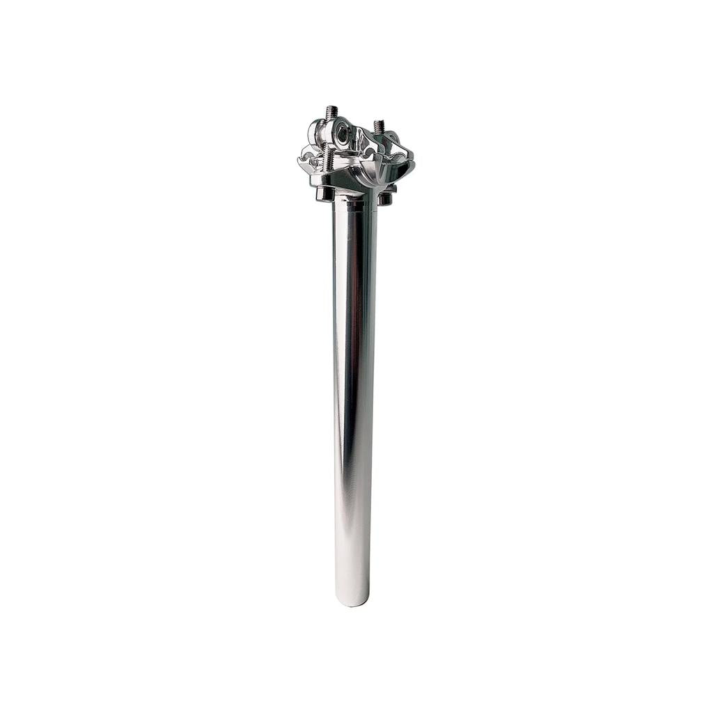 The Fit Bike Co Micro Adjust Seat Post in silver, sized 25.4 x 320mm with a railed saddle clamp, is shown upright against a white background, providing precise positioning and reliable support for your bicycle saddle.