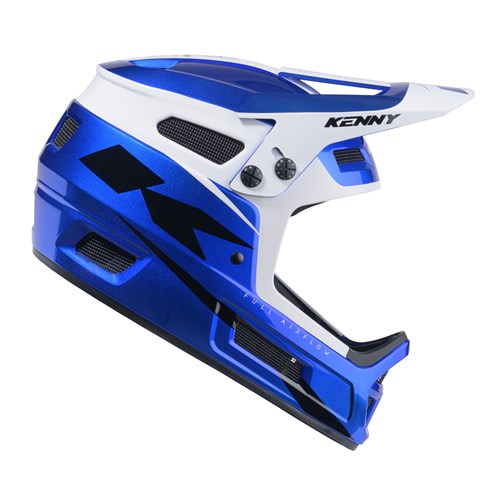 The Kenny Racing Elite Helmet Candy Blue + Glitter & Varnish is a blue and white full-face BMX or motocross helmet featuring a visor, ventilation slots, and “KENNY” branding on the side and front. Lightweight in design for optimal comfort and protection, it’s an excellent choice among BMX race helmets.