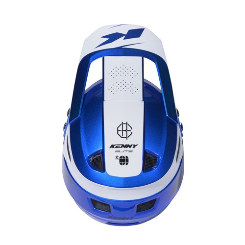 Kenny Racing Elite Helmet Candy Blue + Glitter & Varnish in XXXS, viewed from above, showcases blue and white coloring with ventilation holes, logos, and a prominent central ridge.