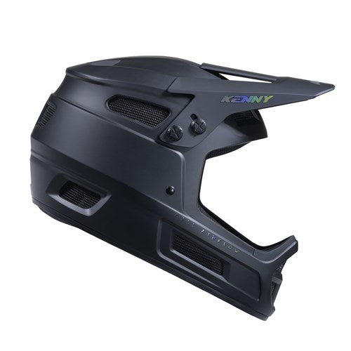 The Kenny Racing Elite Helmet Black is a matte black full-face youth BMX helmet featuring ventilation slots, a fixed visor, and “KENNY” branding on the side—perfect for riders looking for a stylish yet lightweight BMX helmet option.