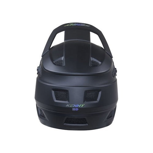 The Kenny Racing Elite Helmet Black features a sleek black finish with a visor, rear spoiler, and multiple ventilation openings, shown here from the back. This lightweight helmet combines an aerodynamic design with advanced protection, making it an ideal high-performance choice for BMX racers.