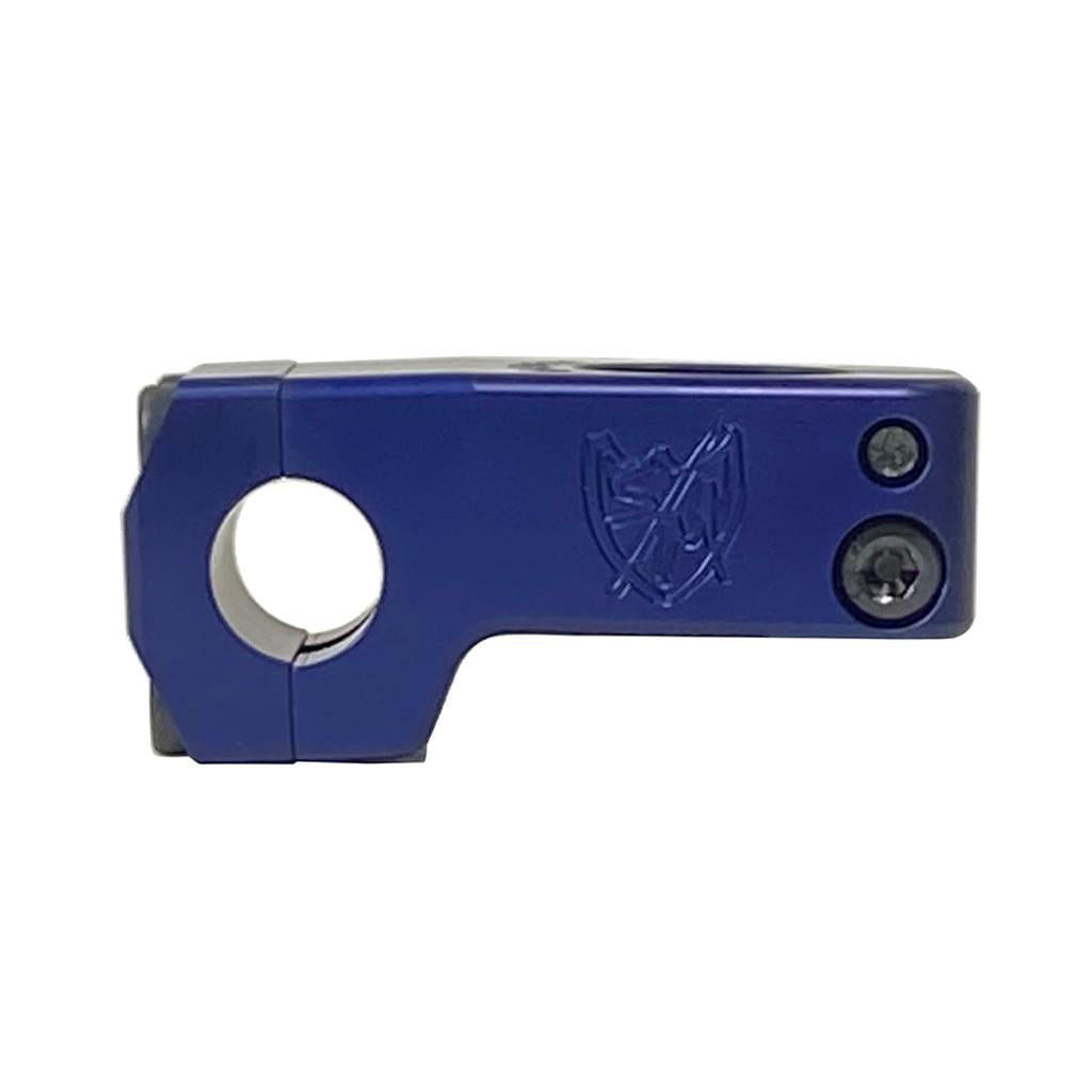 The S&M Shredneck Stem is a blue metal 6061-T6 aluminum BMX handlebar stem featuring two visible bolts and an engraved shield logo on the side.