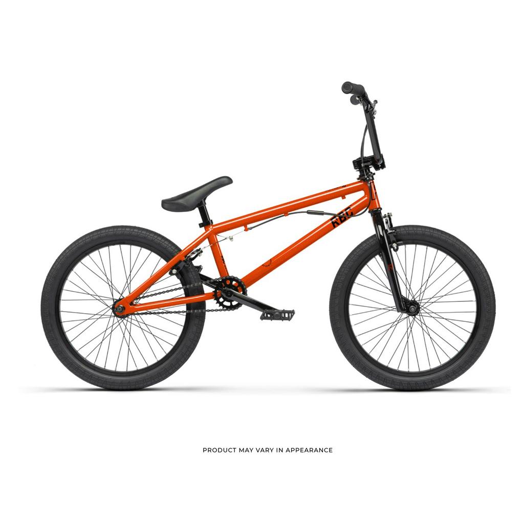 Side view of the Radio Revo Pro FS 20 Inch Bike, an orange BMX with a 20-inch top tube, black handlebars, seat, and tires, displayed on a white background.