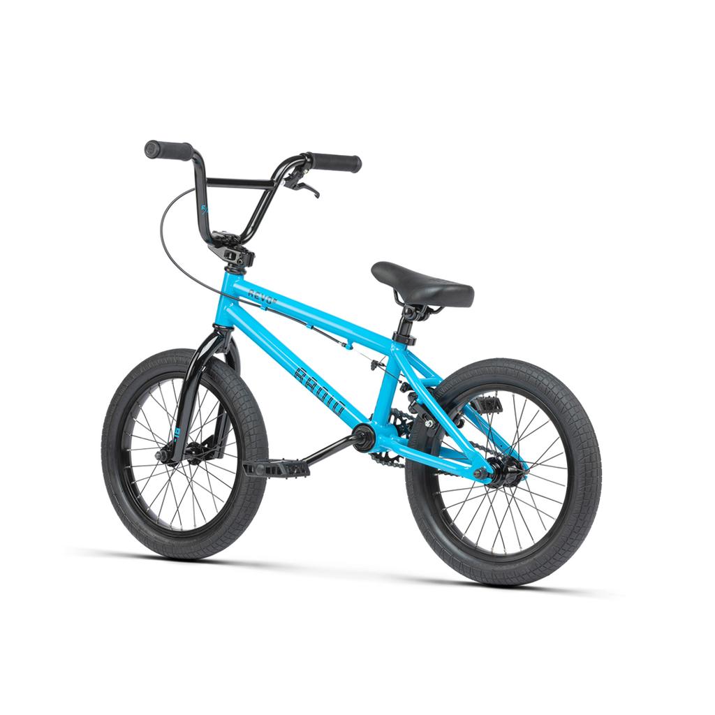 The Radio Revo 16 Inch Bike is a blue BMX-style kids bike featuring black handlebars, seat, and tires, shown against a white background.