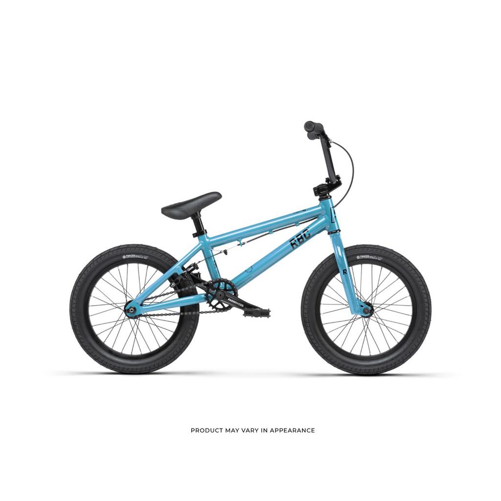 The Radio Dice 16 Inch Bike is a blue BMX-style kids’ bike with black handlebars, seat, pedals, and tires, shown in side view on a white background—showcasing its cool design.