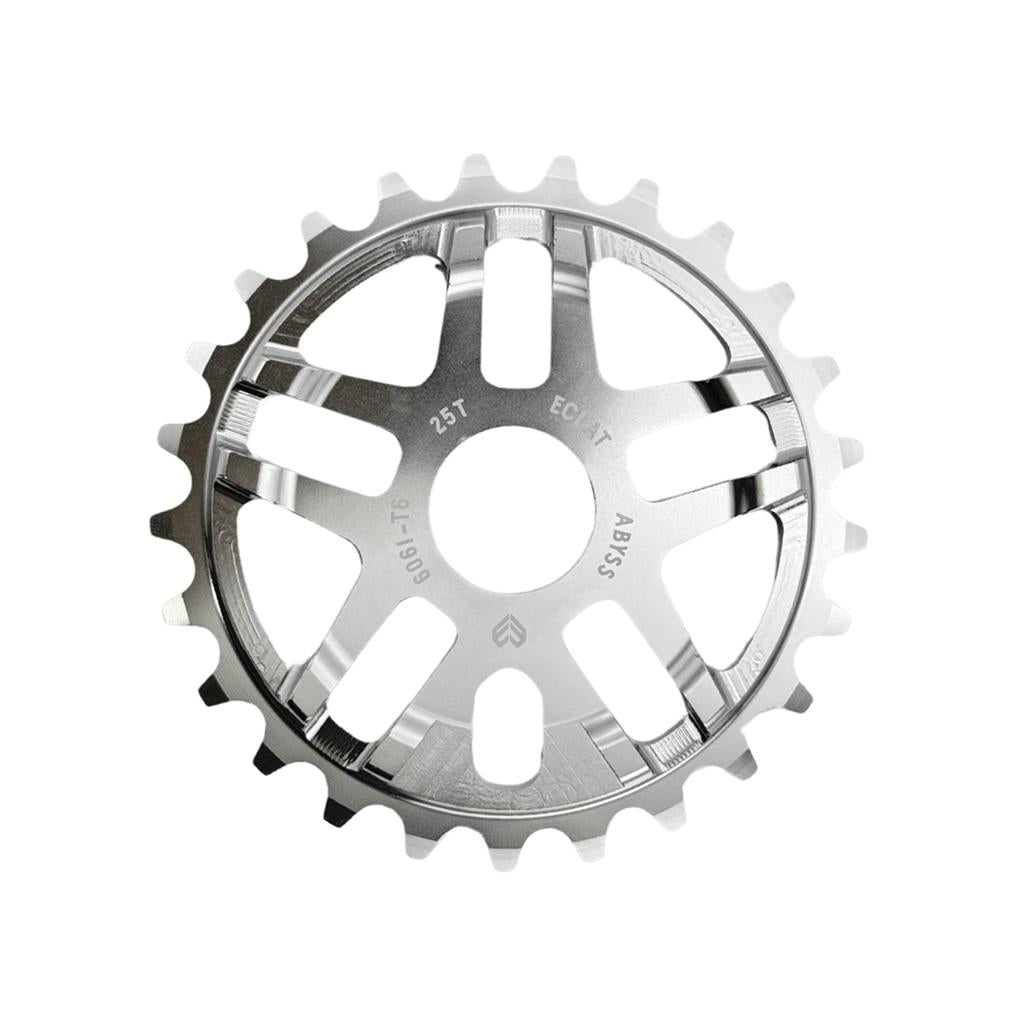 The Eclat Abyss Sprocket is a silver BMX sprocket with 25 teeth and engraved details, made from durable 6061-T6 alloy, shown from above on a white background.