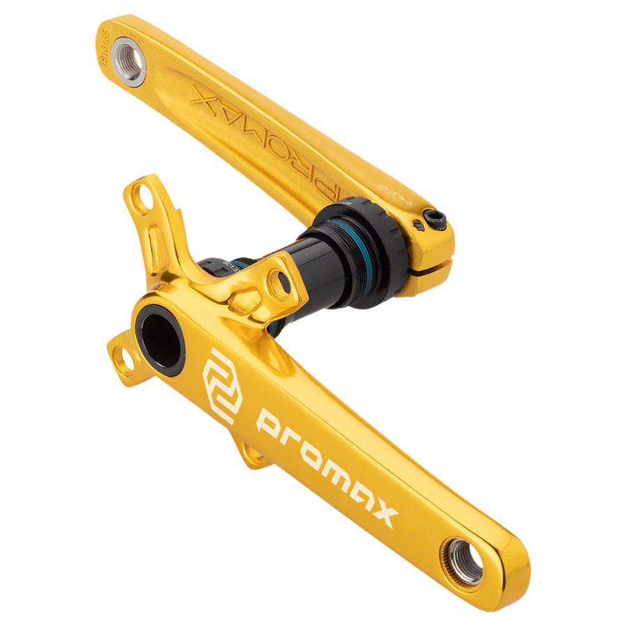 A pair of yellow Promax CF-2 Crankset featuring stiffness and durability on a white background.