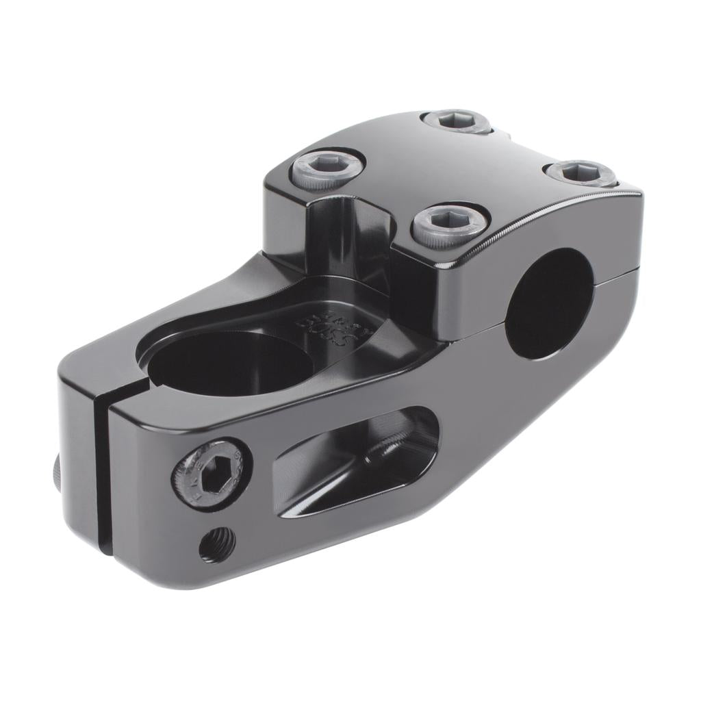 The Odyssey Boss Stem V2 is a black metal BMX stem with a four-bolt top clamp and side handlebar clamp, inspired by Aaron Ross’s signature design.