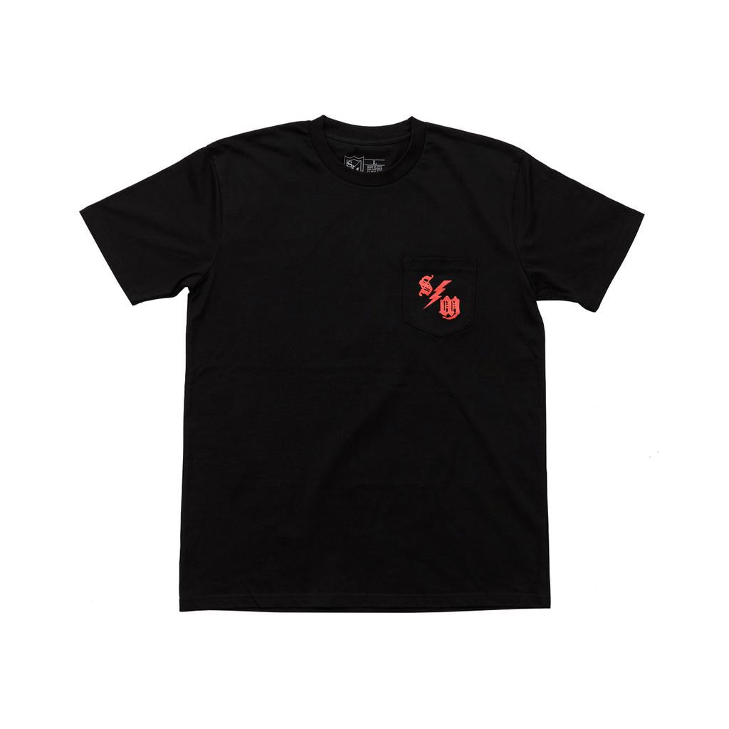 The S&M Bolt Pocket T-Shirt is a black men's heavy-weight shirt made from 100% combed cotton, featuring short sleeves and a chest pocket with a bold red bolt graphic, printed in the USA.
