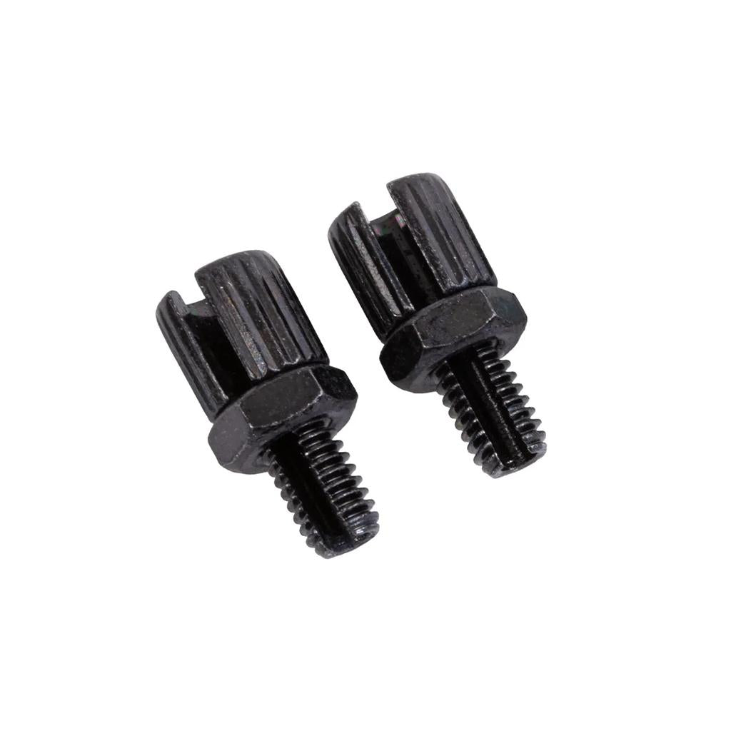 Two Odyssey Gyro Barrel Adjusters—black metal with hex bases and threaded ends—are shown side by side on a white background, perfect for fine-tuning upper or lower cables.
