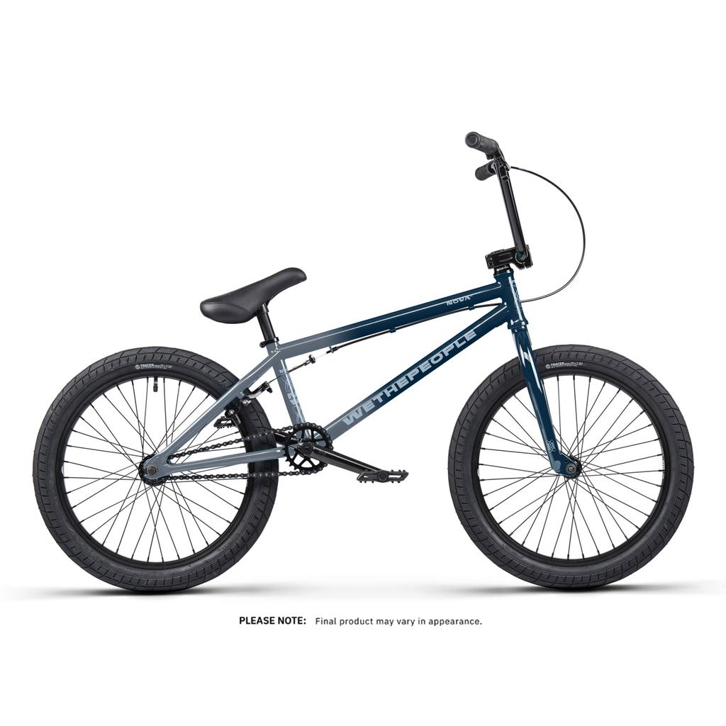 A dark blue Wethepeople Nova 20 Inch Bike featuring Salt Rookie Tubular Chromoly Cranks, black handlebars, seat, and tires, displayed from the side against a white background.