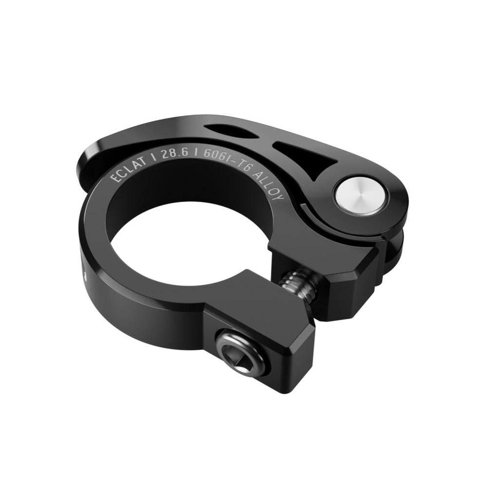 The Eclat QR Seat Clamp is made from 6061-T6 alloy, features a bolt and quick release lever for easy adjustments, fits 28.6 mm seat tubes, and is labeled "Eclat 28.6 | 6061-T6 Alloy.