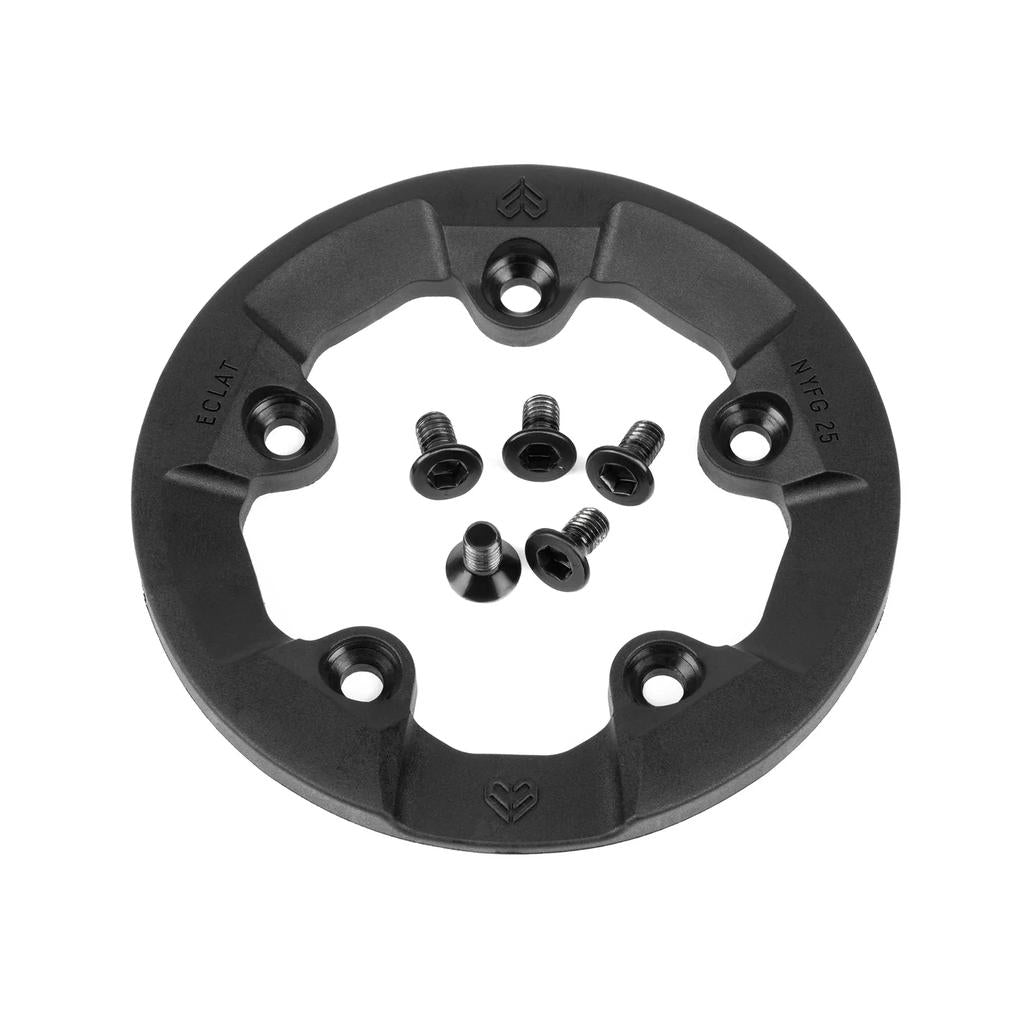 The Eclat Felix Sprocket Replacement Guard is a black circular nylon fibreglass guard with five screw holes and matching black screws, displayed on a white background—perfect as a durable replacement for your bike.