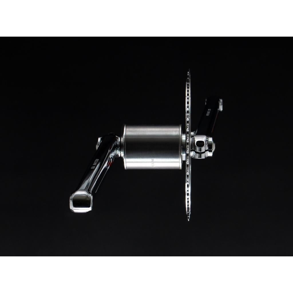 A Redline Vintage Flight 401 Crank Set, made from durable 4130 chromoly steel, is displayed against a black background.