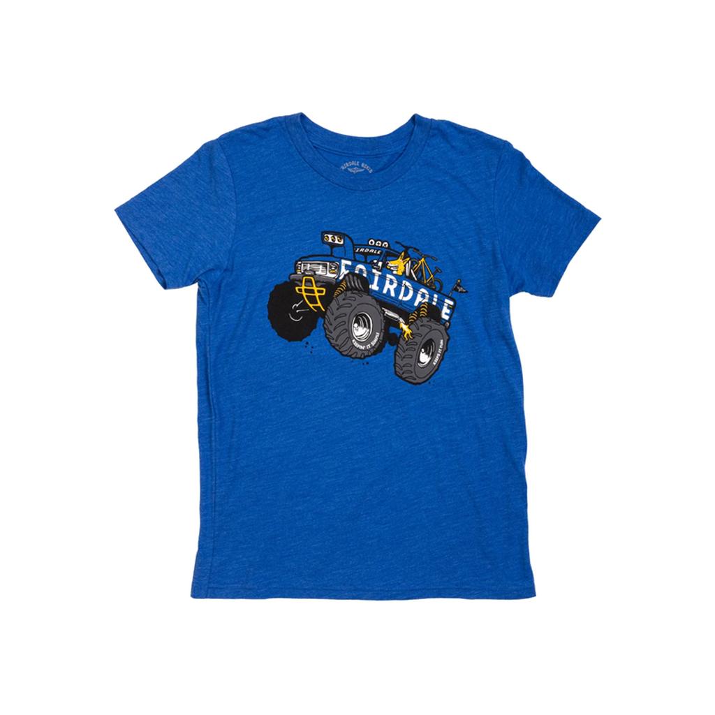 The Fairdale Monty Truck 1 T-Shirt is a blue tee featuring a bold monster truck with "BIRDIE" in white letters—perfect for kids’ collections or anyone seeking cool truck-themed shirts.