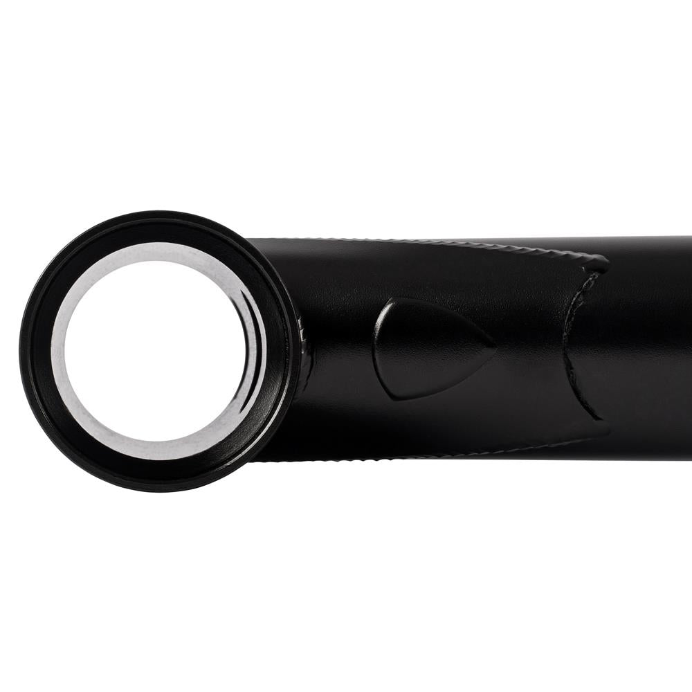 Close-up of the end of a black matte Subrosa Speedwolf V2 Race Frame Chromoly pipe, featuring a circular opening, designed specifically for BMX racing.