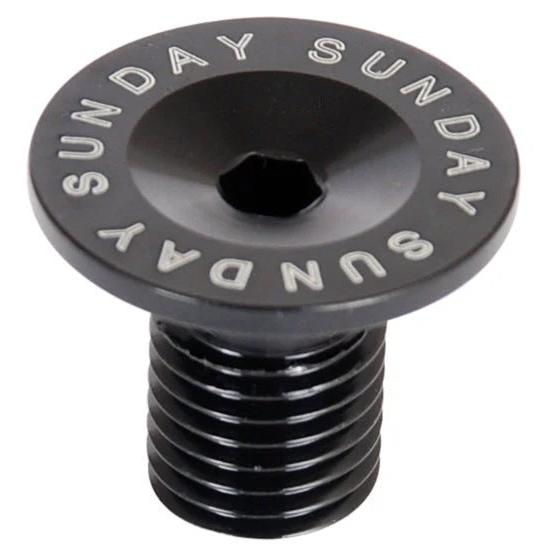 The Sunday OEM Fork Preload Bolt is a black metal M16-thread bolt with a hexagonal socket head, featuring "SUNDAY" engraved in white around the top—engineered to perfectly fit your Sunday OEM fork.
