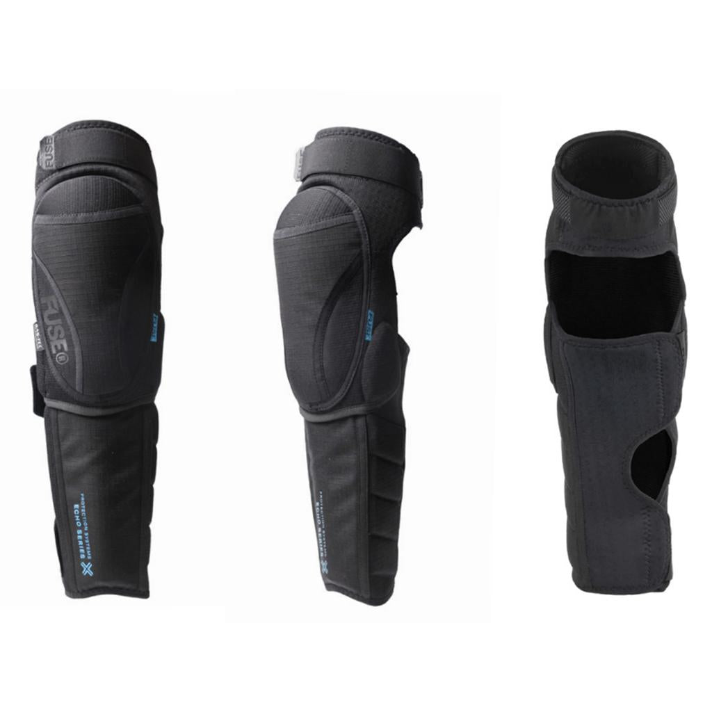 The Fuse Echo 100 Knee/Shin Combo Pads (Pair) are shown from different angles, featuring impact-absorbing padding, adjustable straps, and reinforced sections for superior protection.