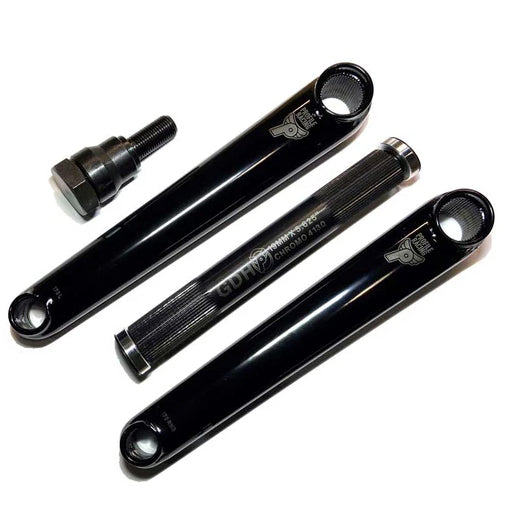 Three black Profile Race Cranks of varying sizes displayed on a white background, compatible with a 19mm 48 spline spindle.