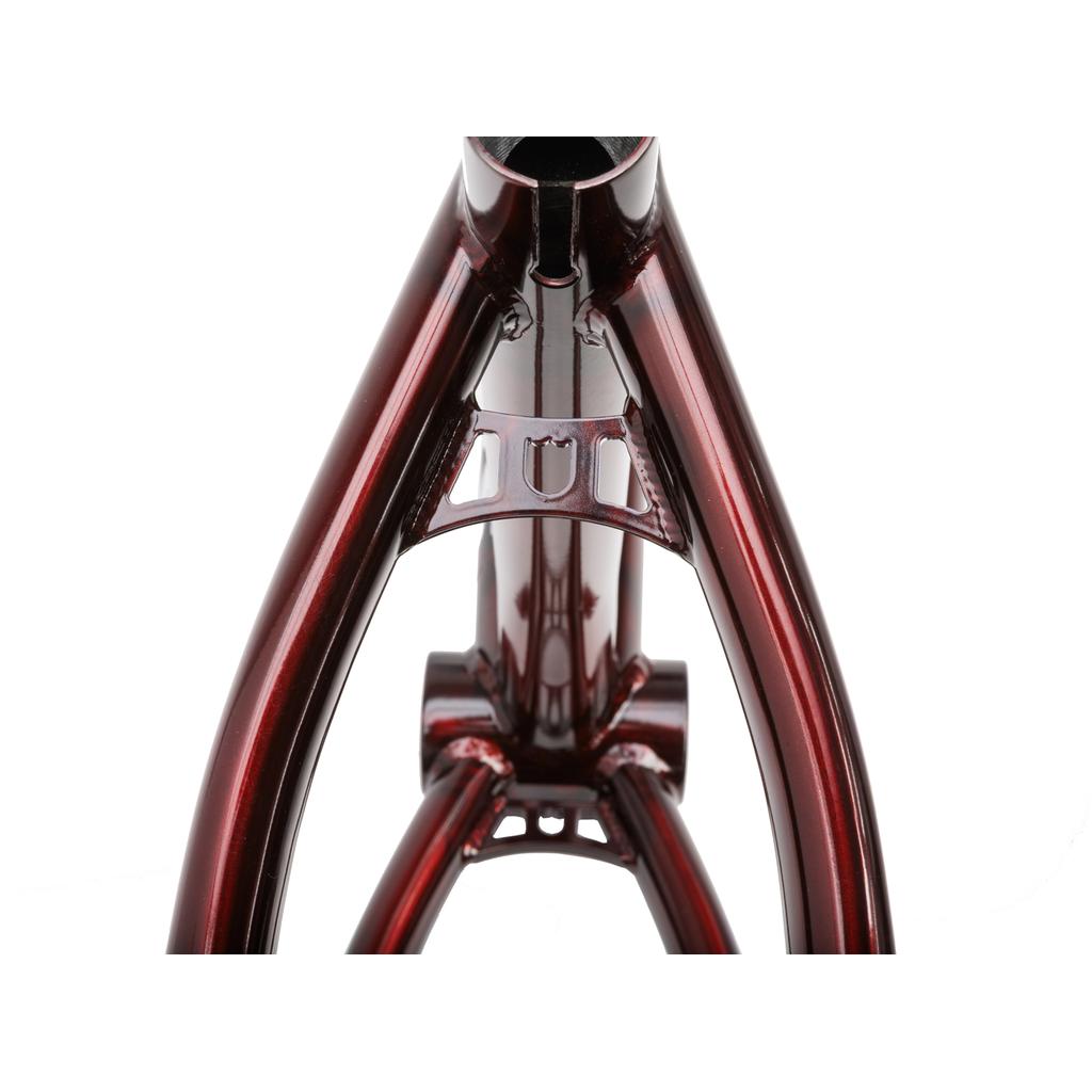 Close-up of the S&M Big Jumper V2 26 Inch Dirt Jumper Frame in metallic red, highlighting the seat stays, top tube, and detailed welds near the seat cluster.