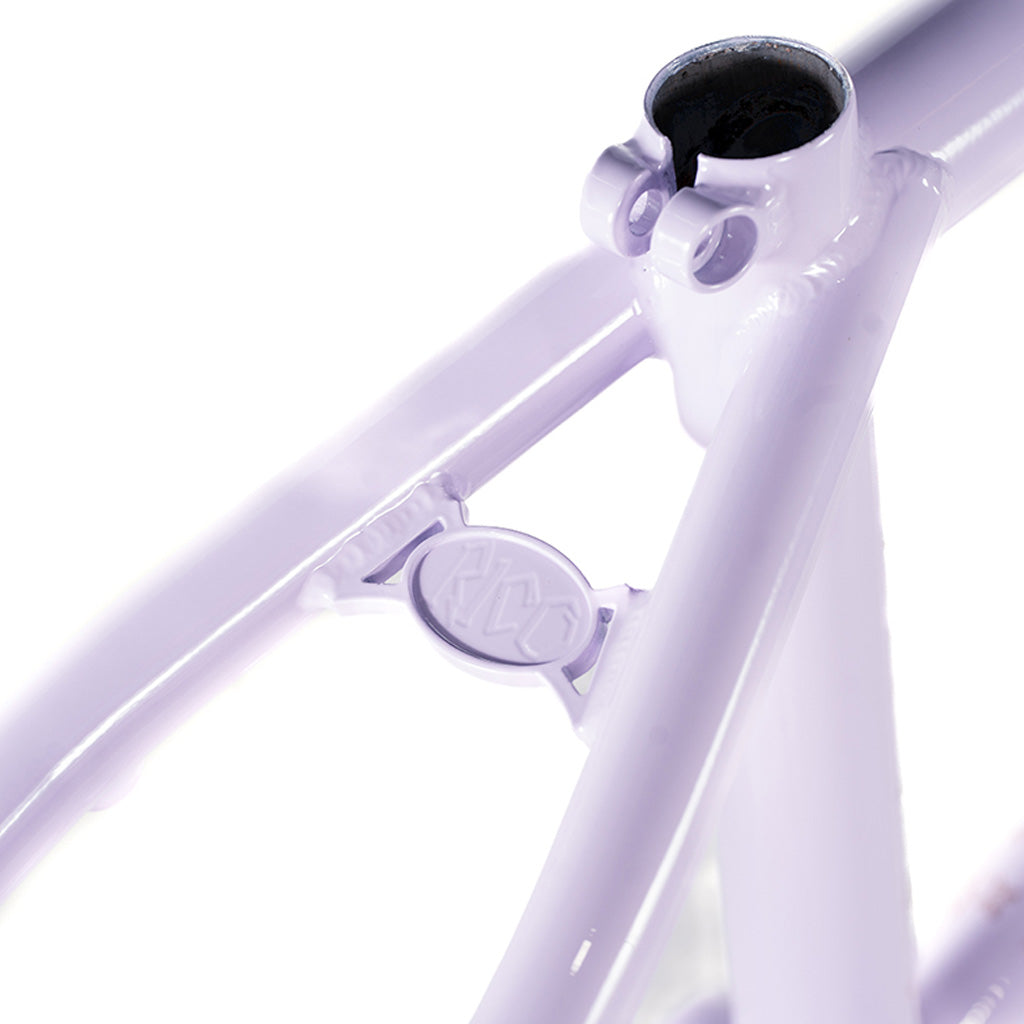 A close up of a Colony Rico 'Lite' Frame, a technical wizard's purple bicycle frame.