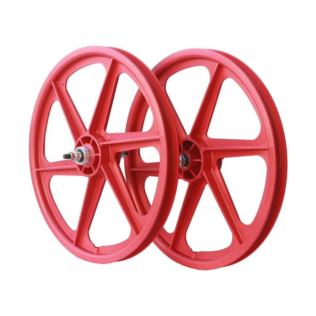 Two red Skyway Tuff 6 Spoke Wheelset on a white background with precision sealed bearings.