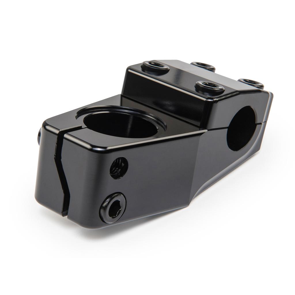 The Eclat Dune Stem is a black metal BMX stem made from 6061-T6 alloy, featuring multiple bolt holes and a clamp opening for handlebars—perfect for upgrading your BMX parts collection.