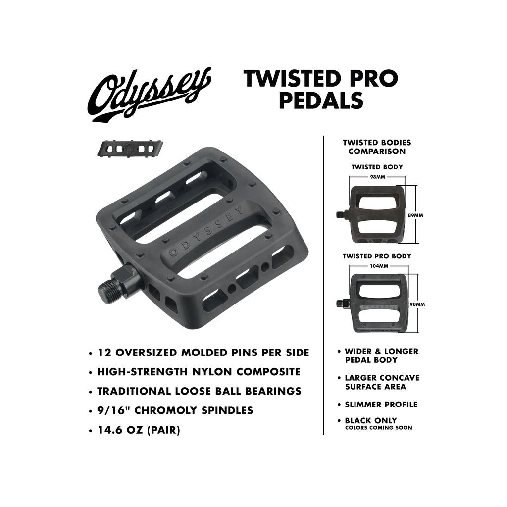 Odyssey Twisted PC Pro Pedals feature a larger size, high-strength nylon composite, and loose ball bearings for improved performance compared to standard BMX pedals.