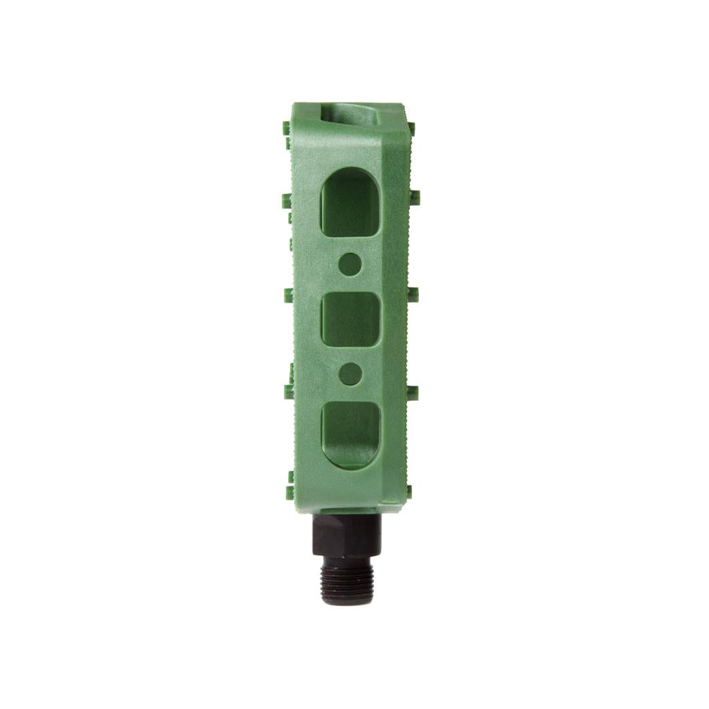 Fit Mac Plastic Pedals: Green rectangular nylon pedals with multiple cutouts and grooves, featuring a black threaded connector at the bottom, shown against a white background.