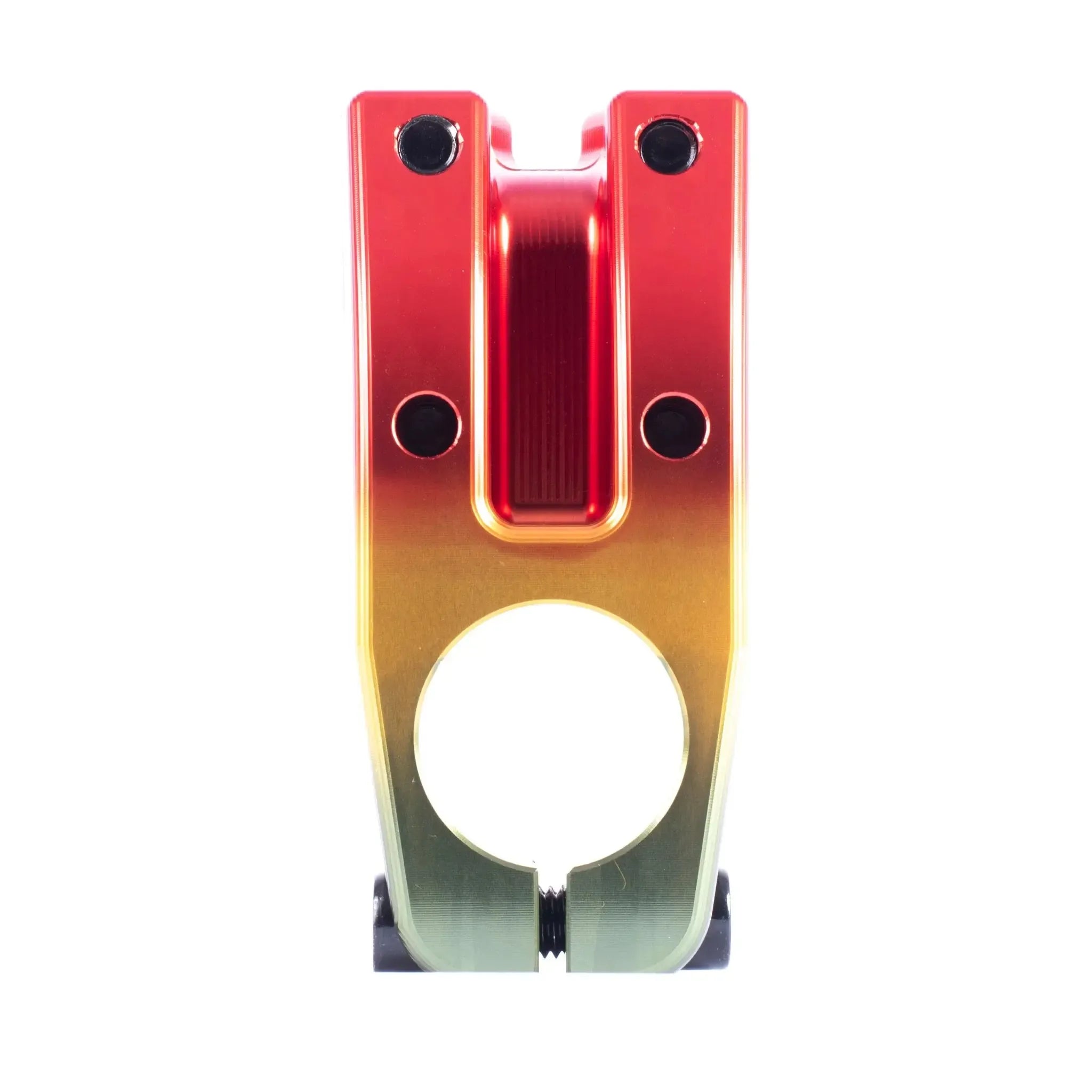 The Cult Salvation V4 Stem is a durable 6061 aluminum BMX stem with a red-to-gold gradient finish, front bolt holes, and a central clamp opening.