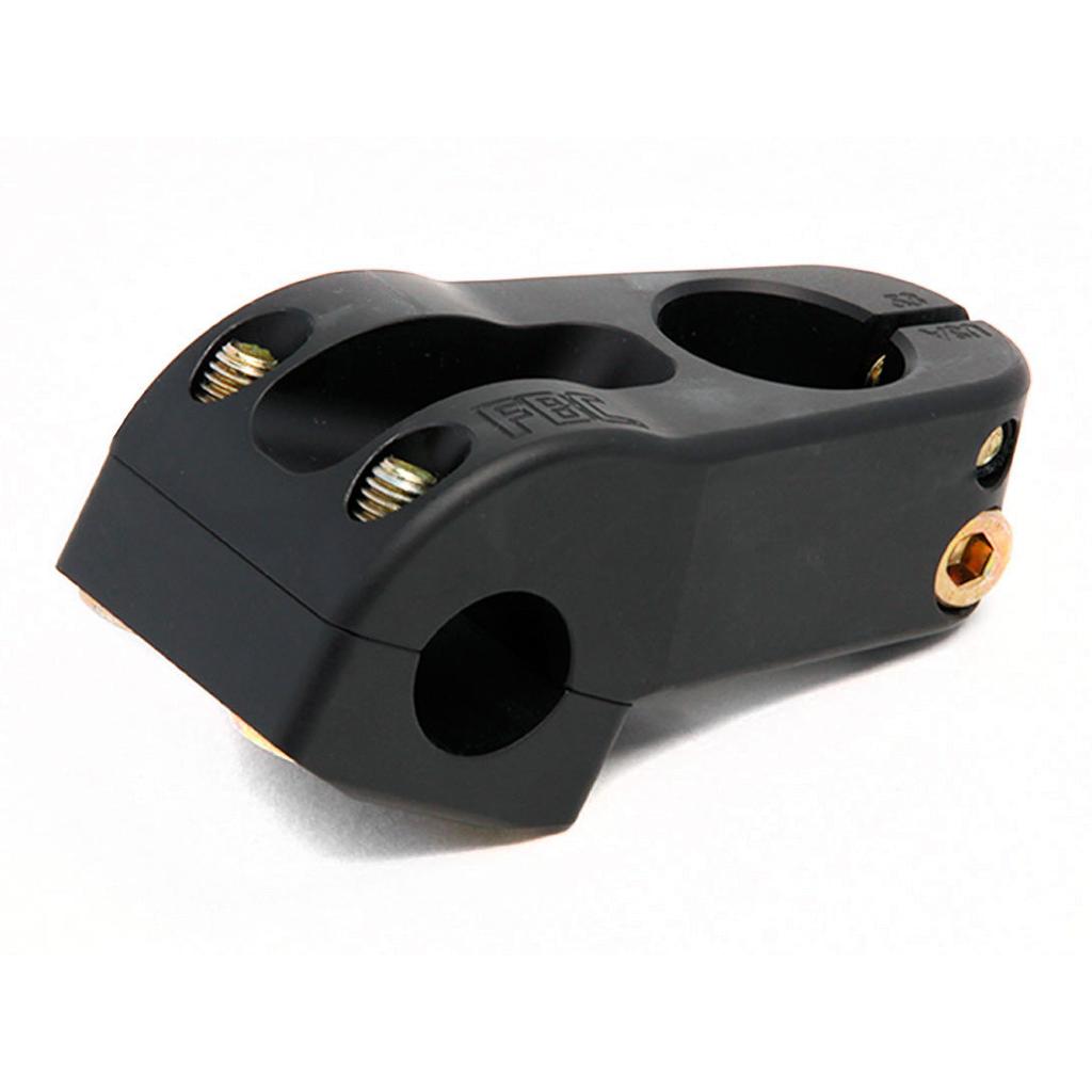 The Fit Aitken Top Load Stem is a black, limited edition BMX stem featuring visible bolts and clamp openings. It's a Mike Aitken signature model designed to secure handlebars to the fork steerer tube, and it's made in the USA.