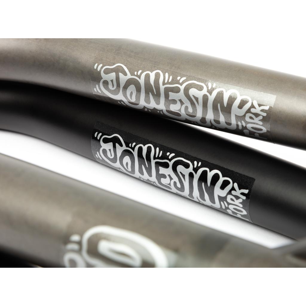 Close-up of three BSD Jonesin Forks featuring 22mm offset tubes, each labeled "BSD Jonesin Fork" in stylized white lettering on a black and clear background.