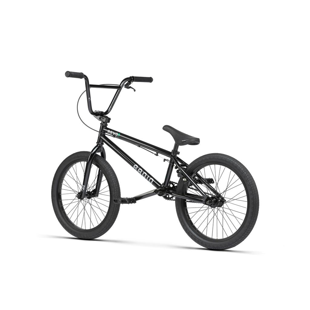 The Radio Revo Pro 20 Inch Bike is displayed in black with thick tires, a padded seat, and upright handlebars against a white background.