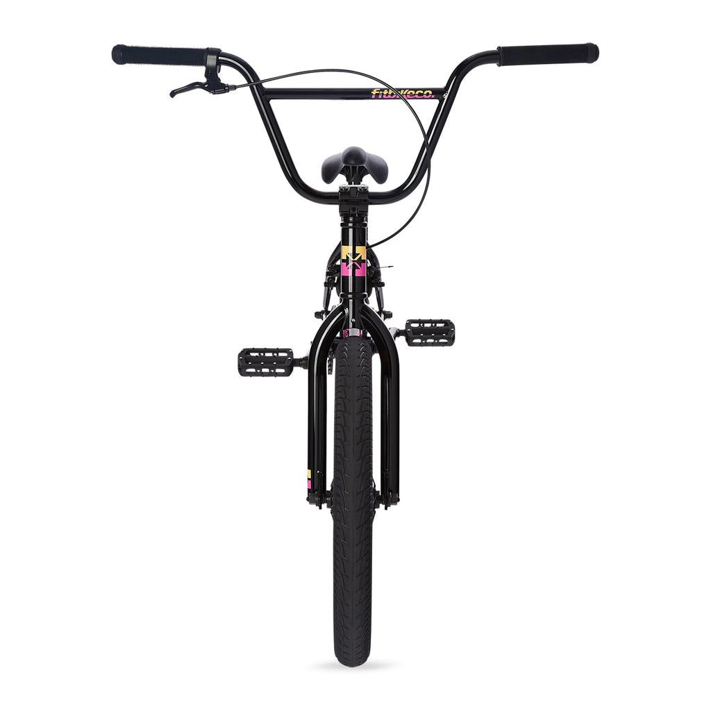 Front view of the Fit Series One 20 Inch Bike (2023), an entry-level BMX with wide handlebars, thick front tire, and flat pedals, displayed against a white background.