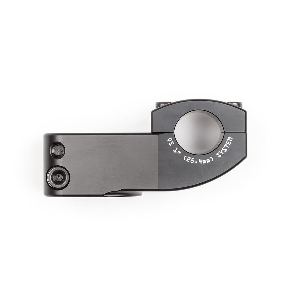 The BSD Stacked Stem (25.4mm Clamp) is a black metal BMX stem with visible bolts and "OS 1 in (25.4mm) SYSTEM" text engraved around the handlebar clamp, combining strength and style for your ride.