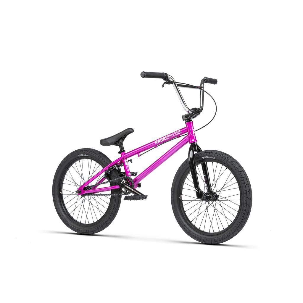 A Radio Saiko 20 Inch Bike in purple with black handlebars, seat, and Salt Tracer Tyres is displayed on a white background.
