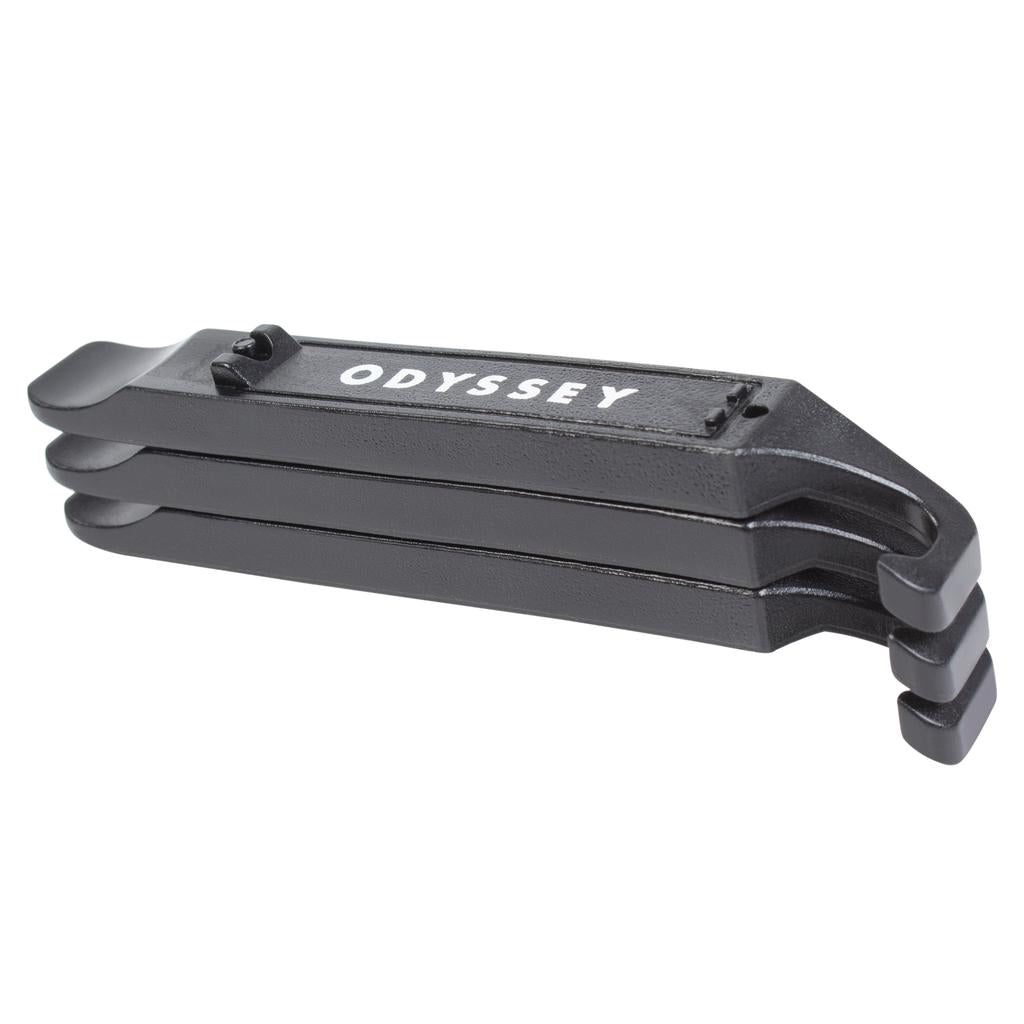 Three stacked black plastic levers from the Odyssey Futura Tyre Lever Kit, with "ODYSSEY" in white on the top lever.