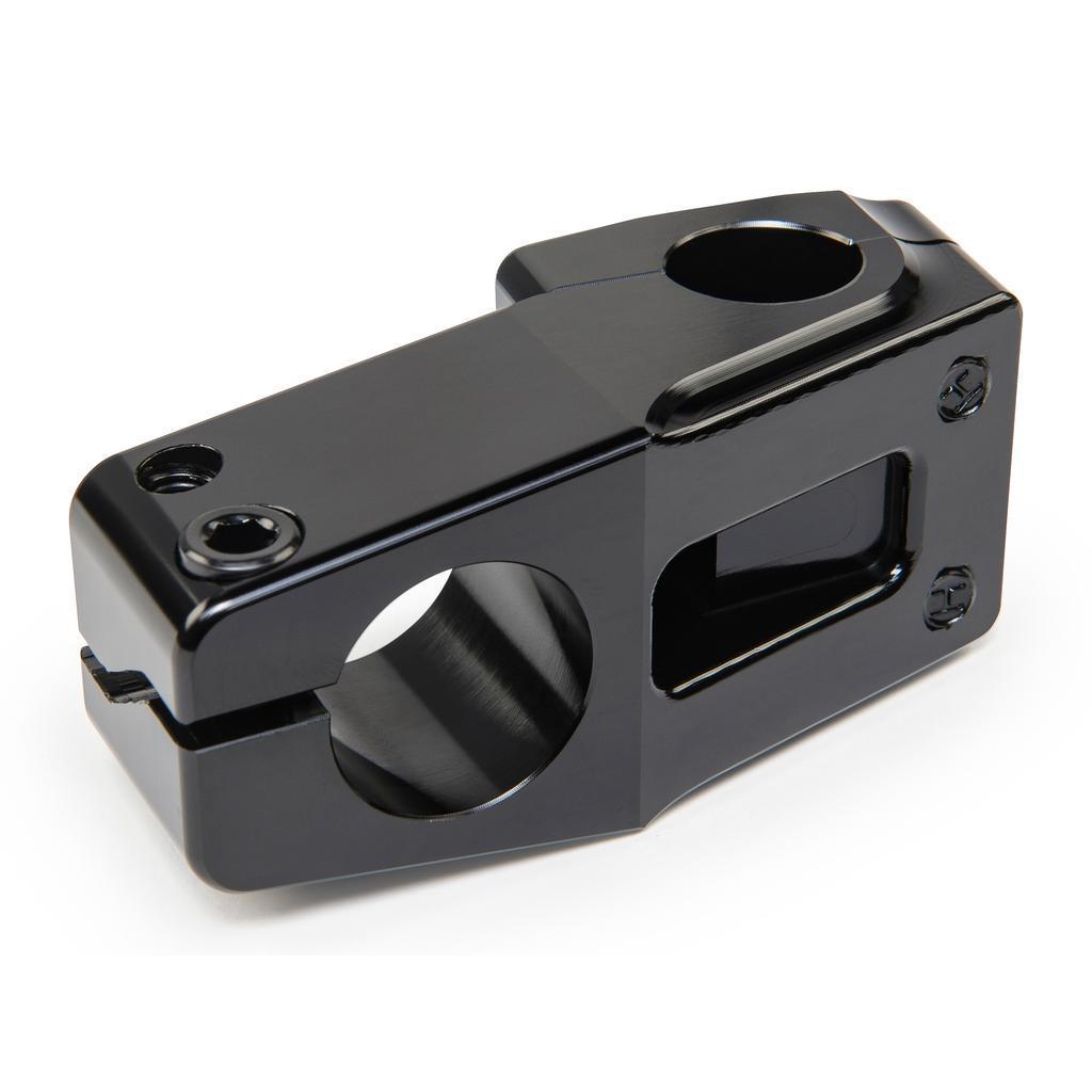 The Eclat Dune Stem is a black BMX stem crafted from 6061-T6 alloy, featuring smooth machined surfaces, visible screws, and two cylindrical openings for secure clamping.