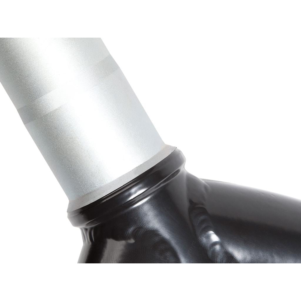 Close-up of a metallic pipe resembling the S&M Pitchfork XLT 22inch Forks, attached to a black, wide, rounded base against a white background.