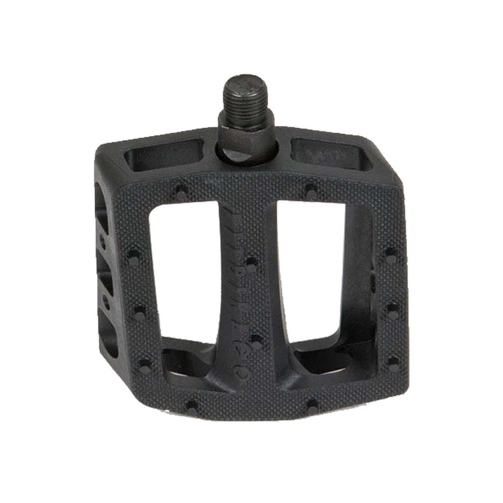 The Fit Mac Plastic Pedals feature a black concave shape, textured surface, open design, and a metal spindle, shown against a white background.