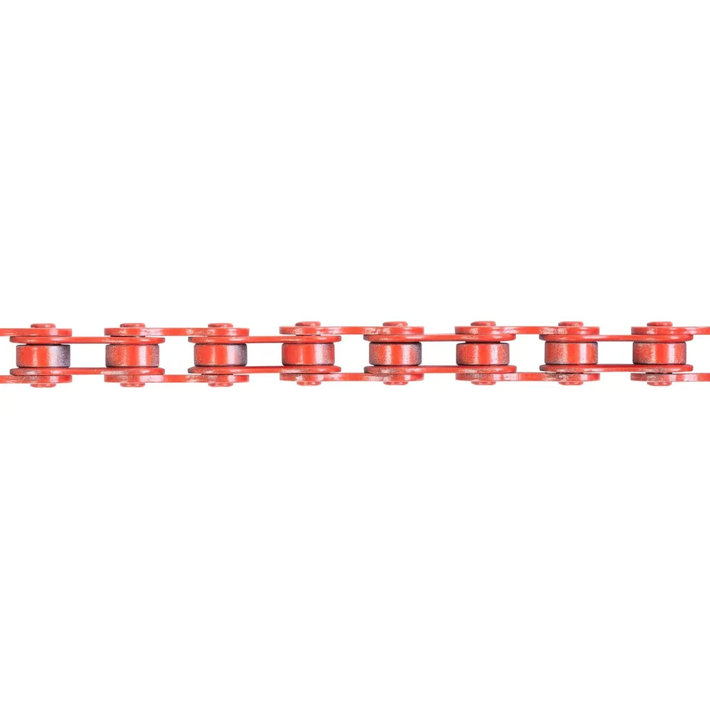 Close-up view of an Odyssey Blue Bird Chain segment, a red metal BMX bike chain, against a white background.