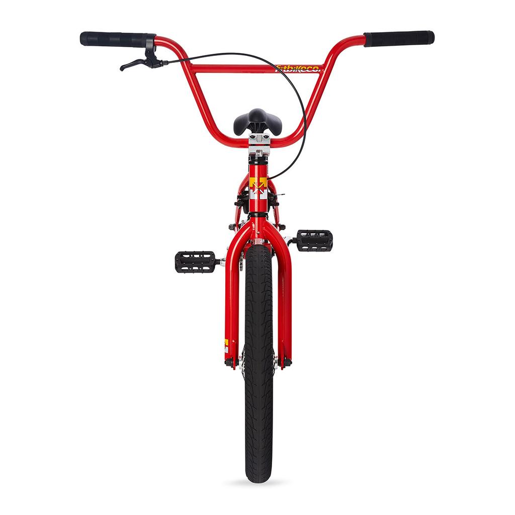 Front view of the Fit Series One 20 Inch Bike (2023) in red, showing handlebars, a black seat, pedals, and the front tire against a white background.
