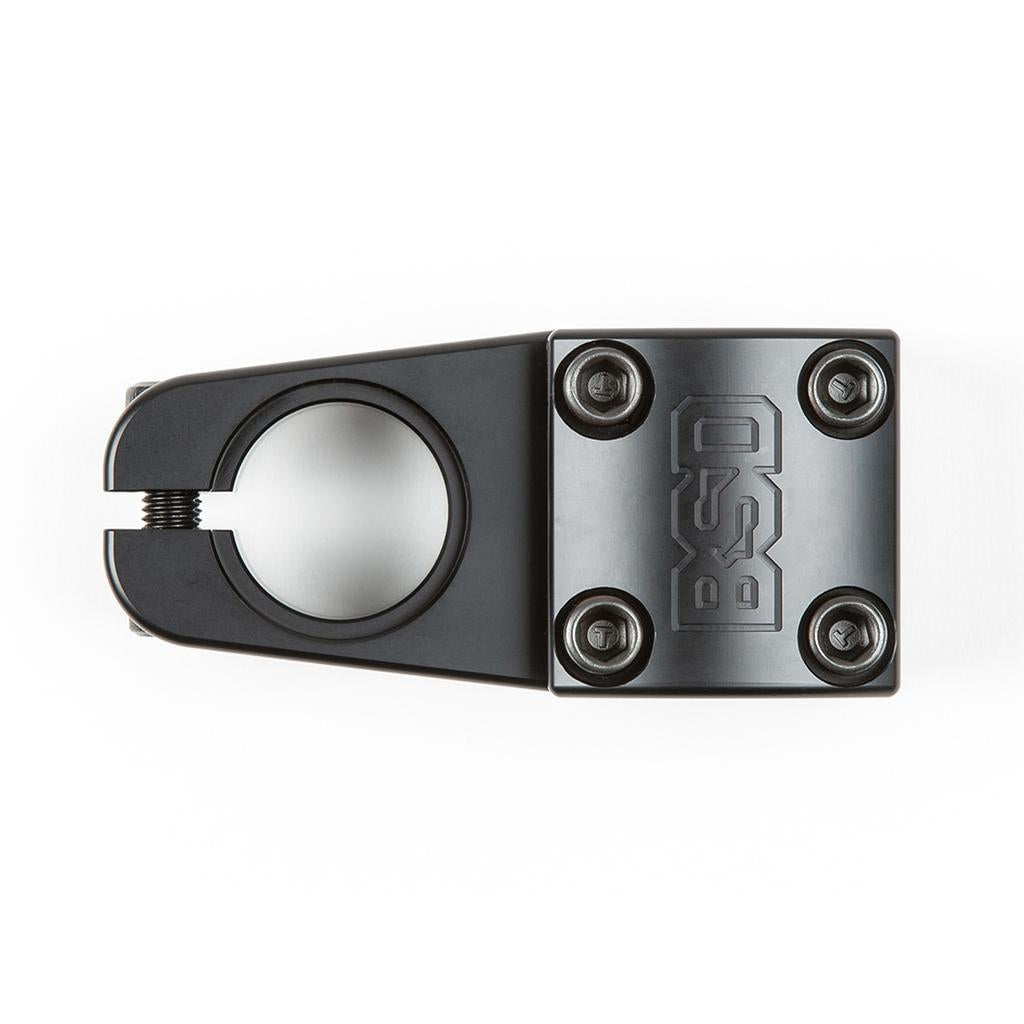 The BSD Stacked Stem (22.2mm Clamp) in black, with a 33mm rise, four hex bolts, and "BSD" engraved on the top plate, is shown from above against a white background.