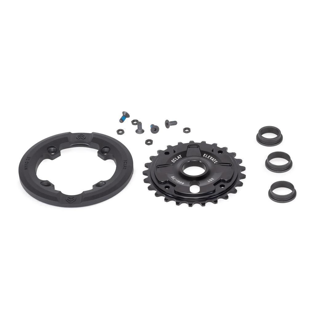 The Eclat Elevate Guard Sprocket set in black includes a 6061-T6 Alloy CNC sprocket, spacers, bolts, washers, and a tough Nylon Fiberglass bash guard, all displayed on a white background.