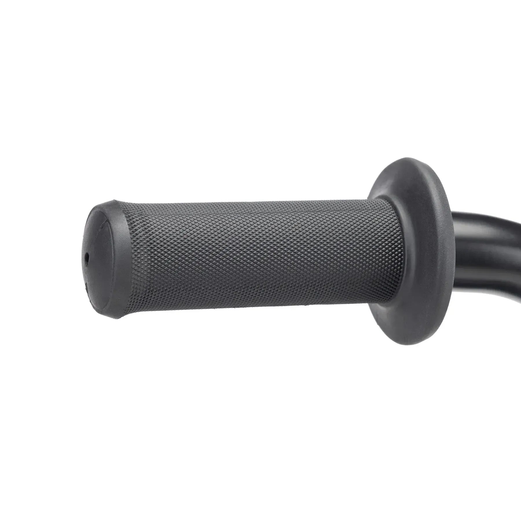 Close-up of a black handlebar grip with a textured surface and flared end on the Kink Roaster 12 Inch Bike (2026), perfect for your child's first BMX bike with secure hold—ideal for bikes featuring a coaster brake.