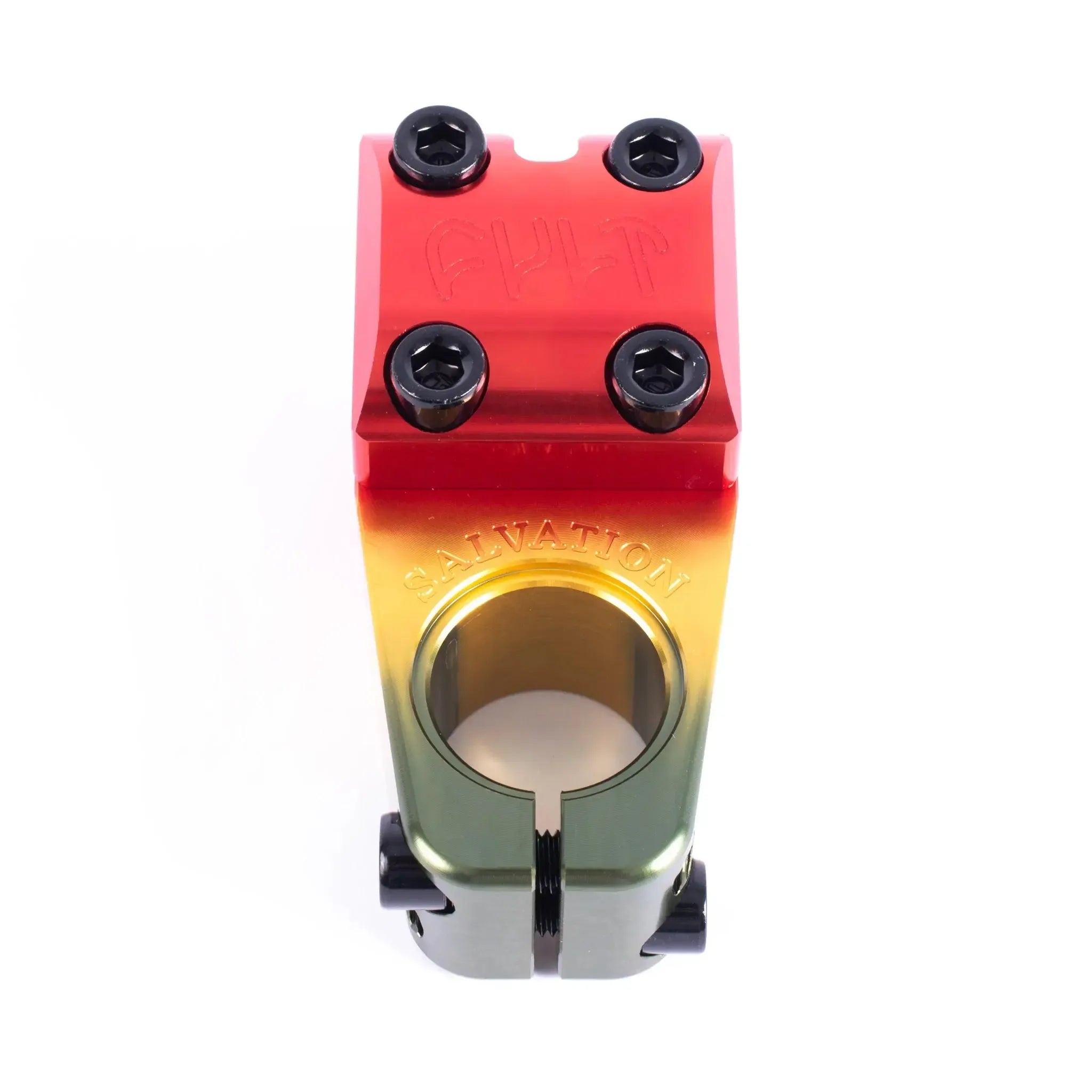 The Cult Salvation V4 Stem, made from tough 6061 aluminum, sports a red, yellow, and green gradient finish with four black top bolts and "CULT" engraving for a stylish look.