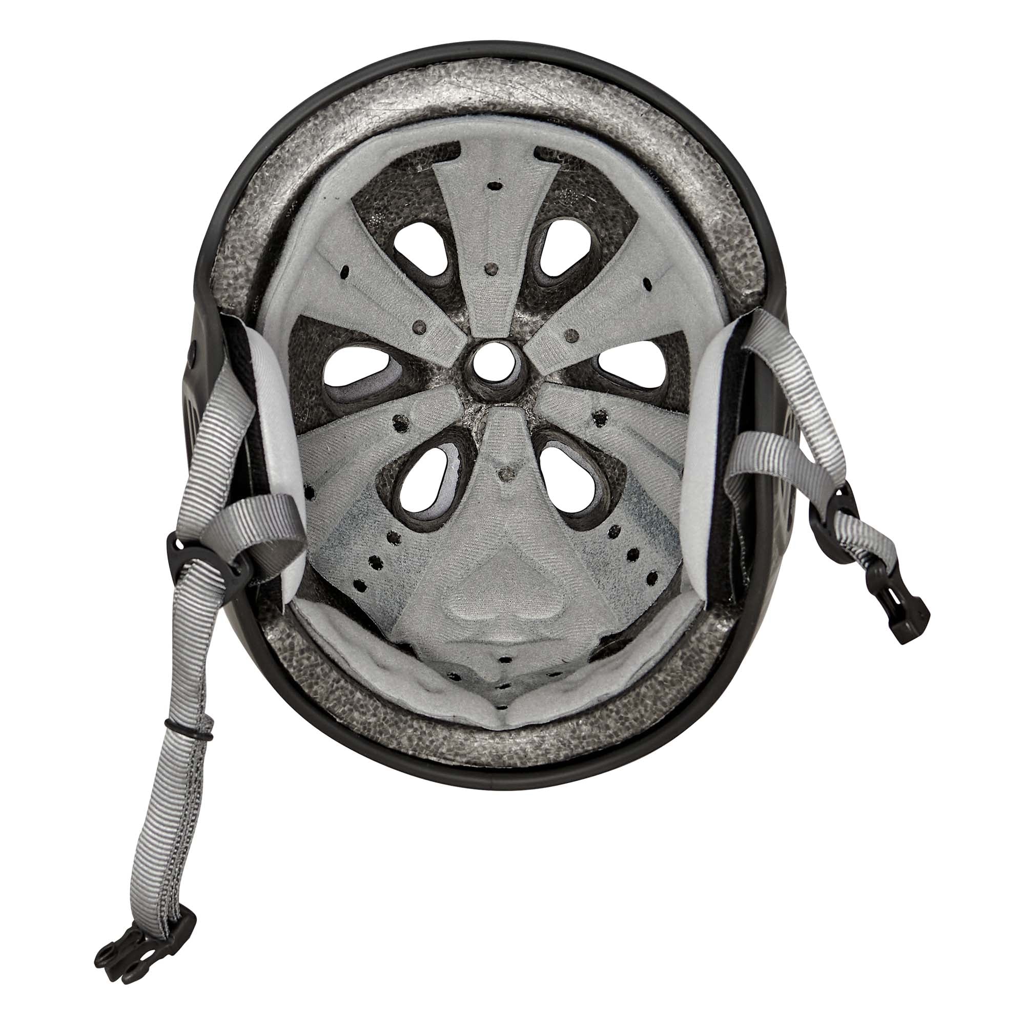 Top view of the inside of a black Protec Full Cut Helmet / Bicycle Union Signature, featuring gray interior padding, ventilation holes, and adjustable straps hanging to the sides. This helmet offers a high-impact ABS shell designed for maximum protection and comfort during intense rides.