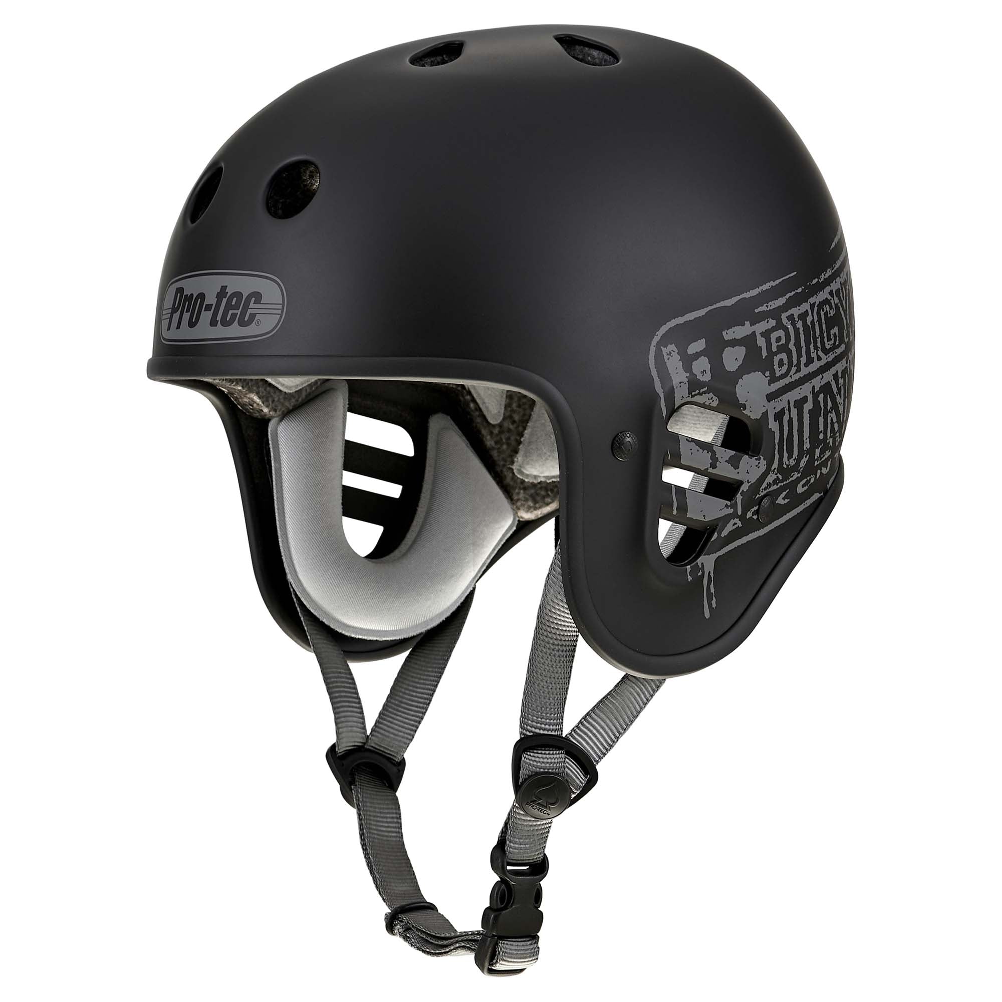 Bicycle Union Signature Protec Full Cut helmet in matte black, featuring ventilation holes, adjustable grey straps, printed side graphics, and a high-impact ABS shell for superior protection and durability—ideal for action sports.