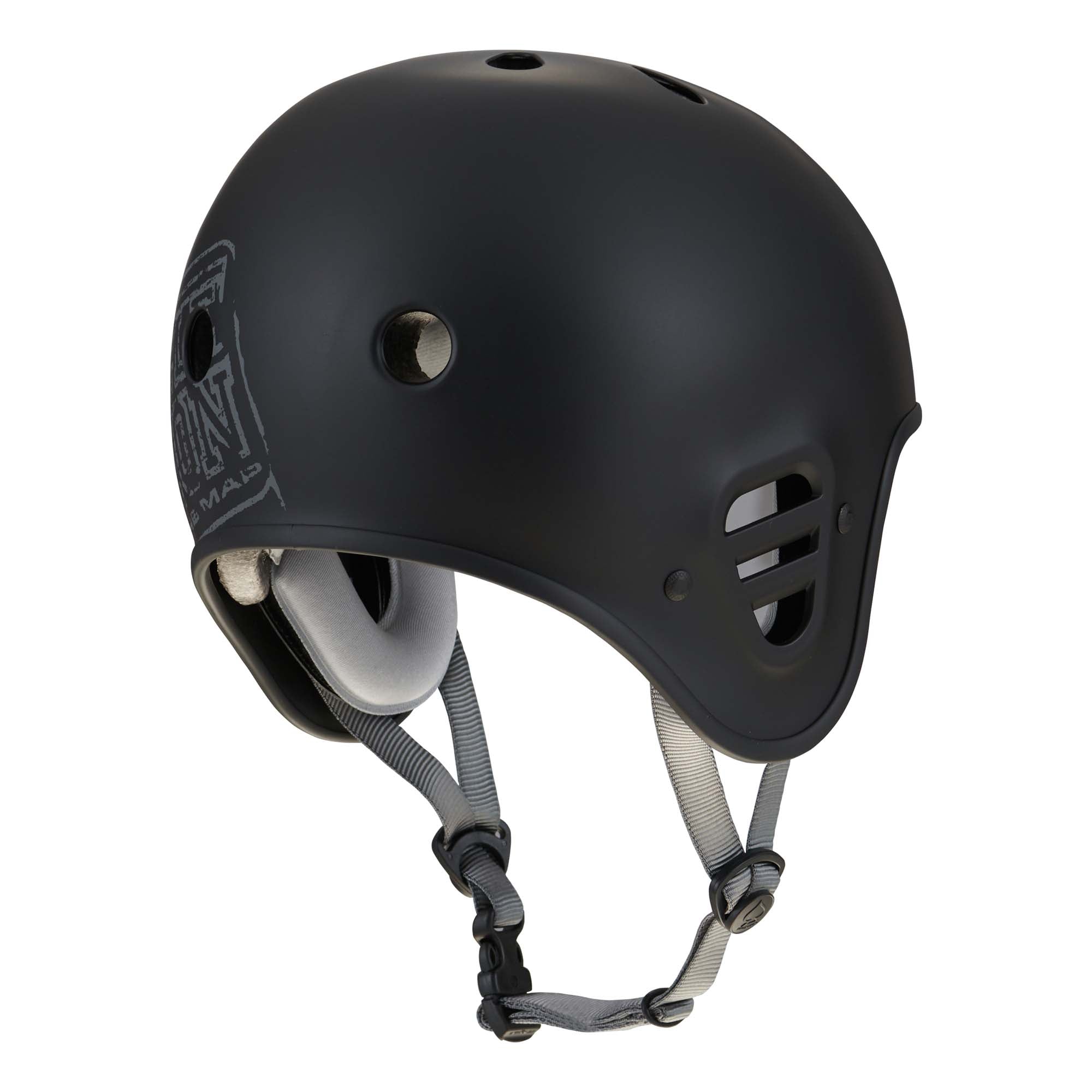 Matte black Protec Full Cut Helmet / Bicycle Union Signature, featuring ventilation holes, adjustable chin straps, and light gray interior padding, shown from an angled side view. This action sports helmet is constructed with a high-impact ABS shell for durable protection.